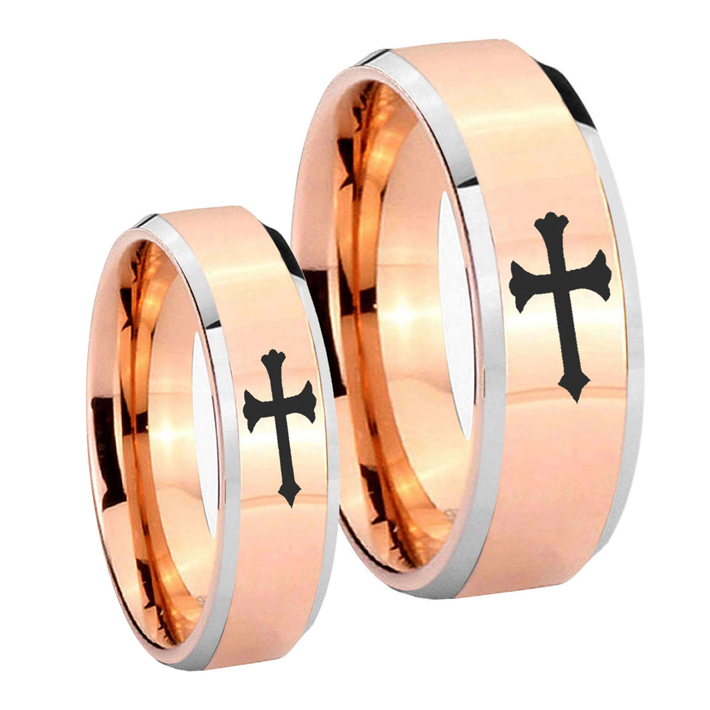 Christian Cross Beveled Edges Rose Gold Tungsten Couple Rings