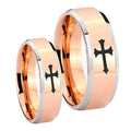 Christian Cross Beveled Edges Rose Gold Tungsten Couple Rings
