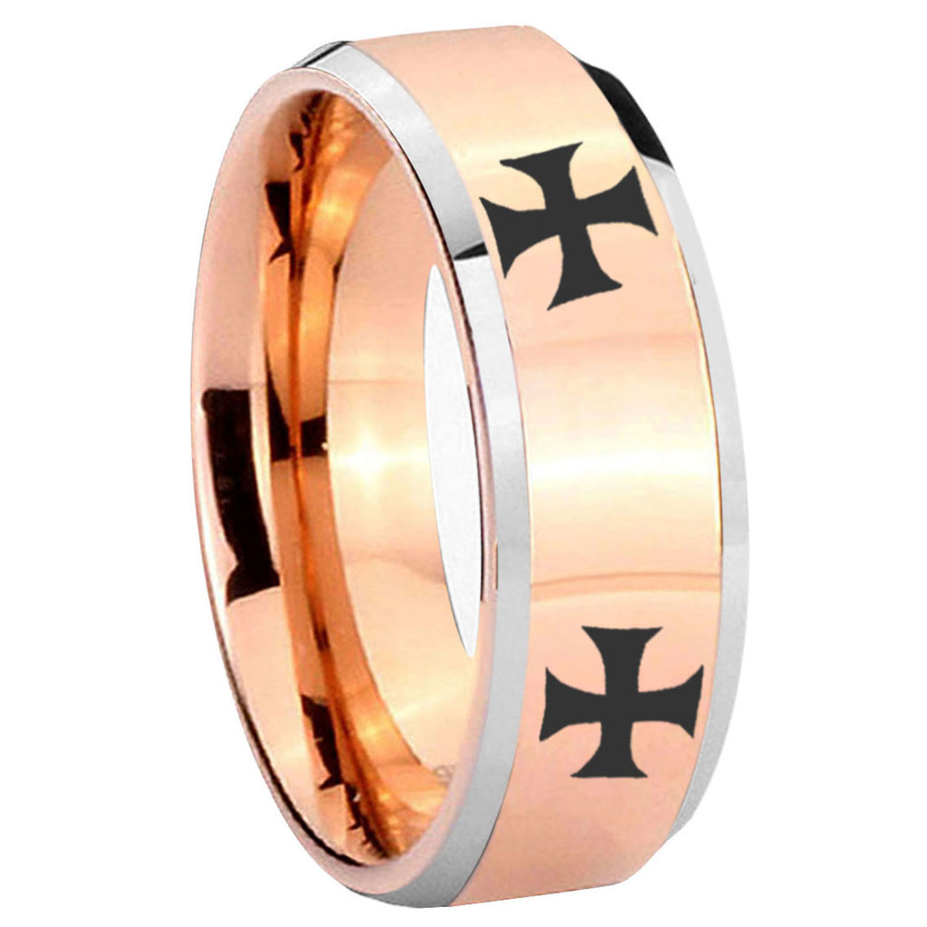 8MM 4 Maltese Cross Beveled  Rose Gold Tungsten Ring
