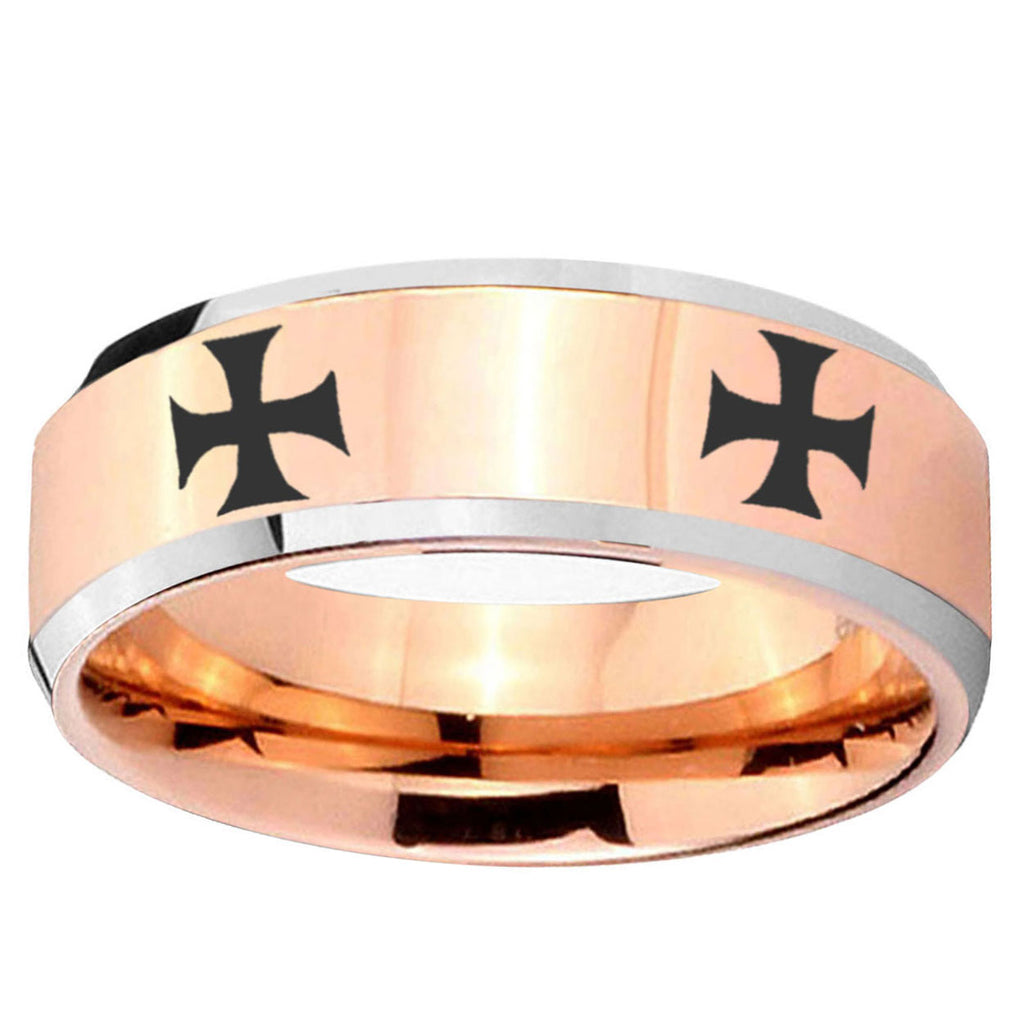 10mm 4 Maltese Cross Beveled Edge Rose Gold Tungsten Ring