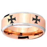 5, 8mm 4 Maltese Cross Beveled Edge Rose Gold Tungsten Ring