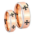 4 Maltese Cross Beveled Edges Rose Gold Tungsten His Hers Set Rings