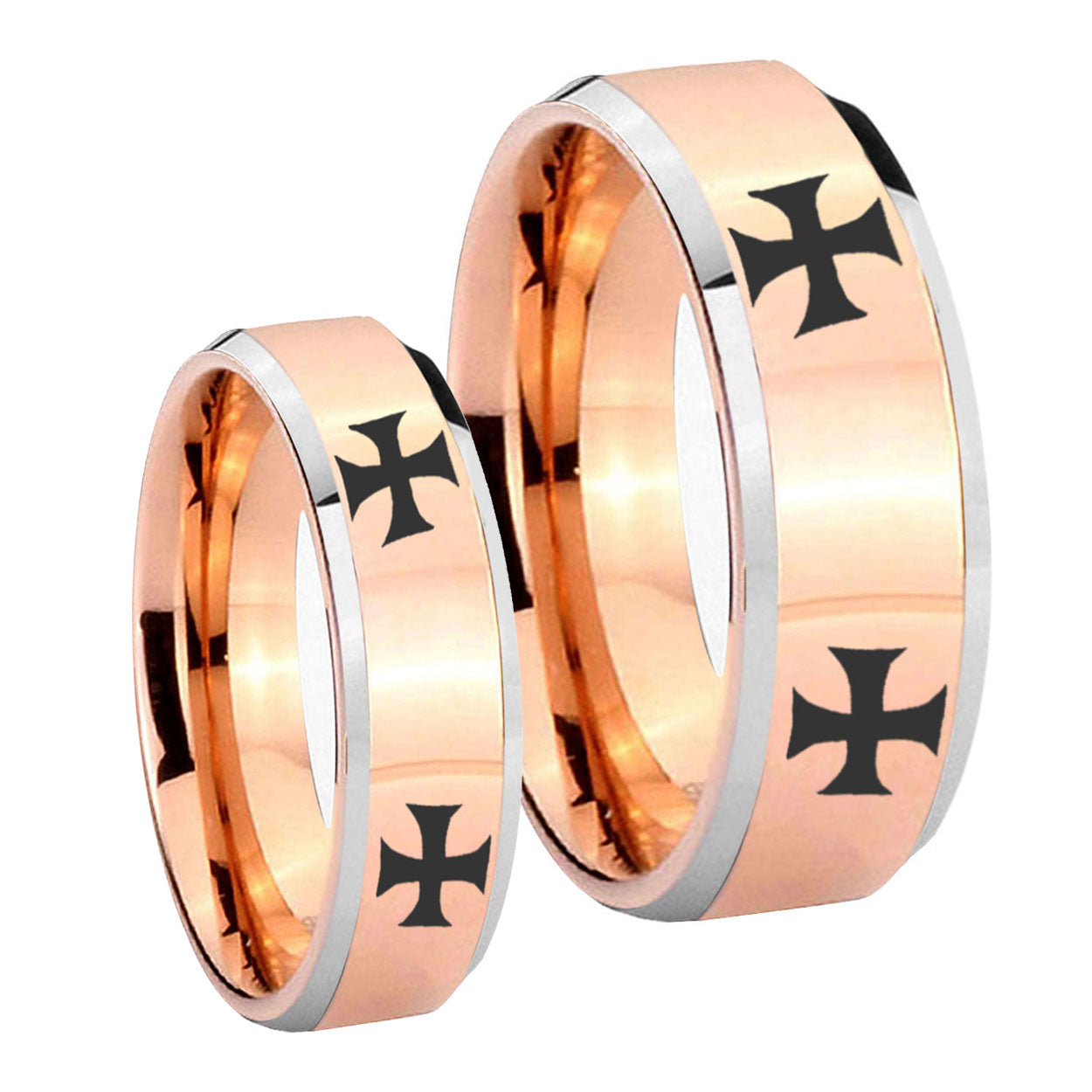 4 Maltese Cross Beveled Edges Rose Gold Tungsten His Hers Set Rings