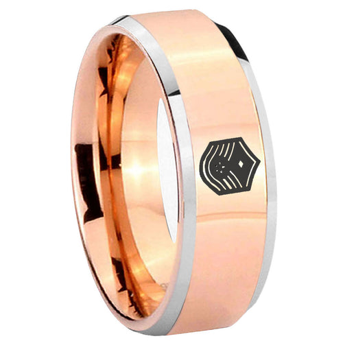 10mm Chief Master Sergeant Vector Beveled Edges Rose Gold Tungsten Promise Ring