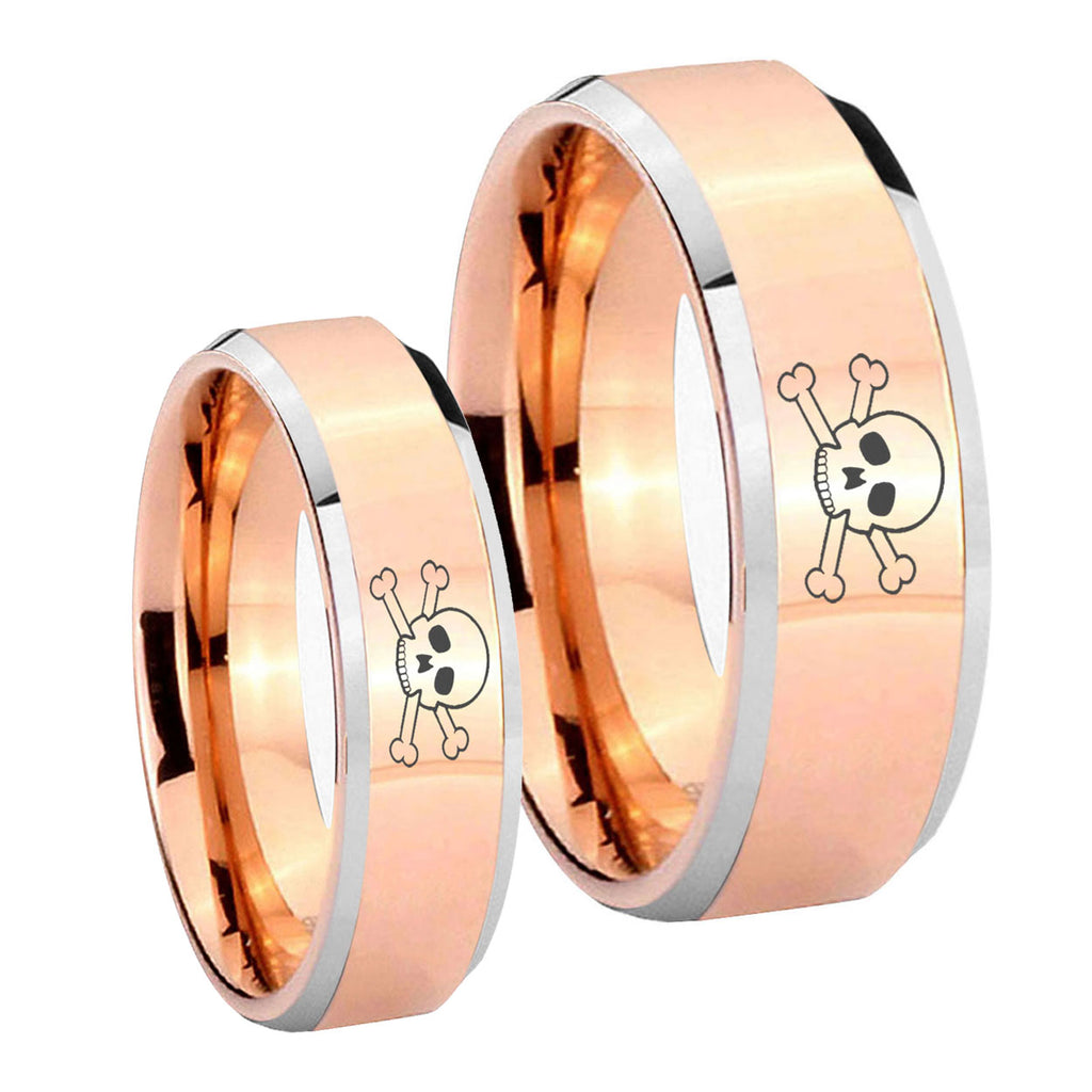 Skull Beveled Edges Rose Gold Tungsten Mens Set Rings