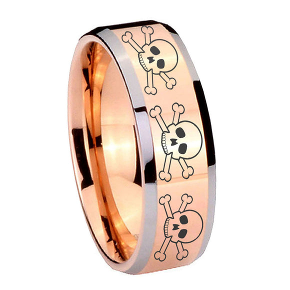 8mm-Multiple-Skull-Beveled-Edges-Rose-Gold-Tungsten-Mens-Anniversary-Ring