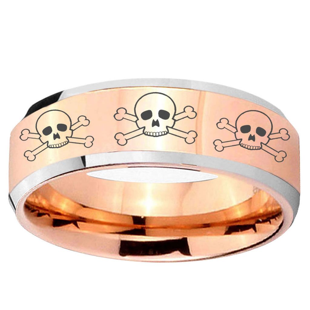 10mm Multiple Skull Beveled Edge Rose Gold Tungsten Mens Engagement Ring