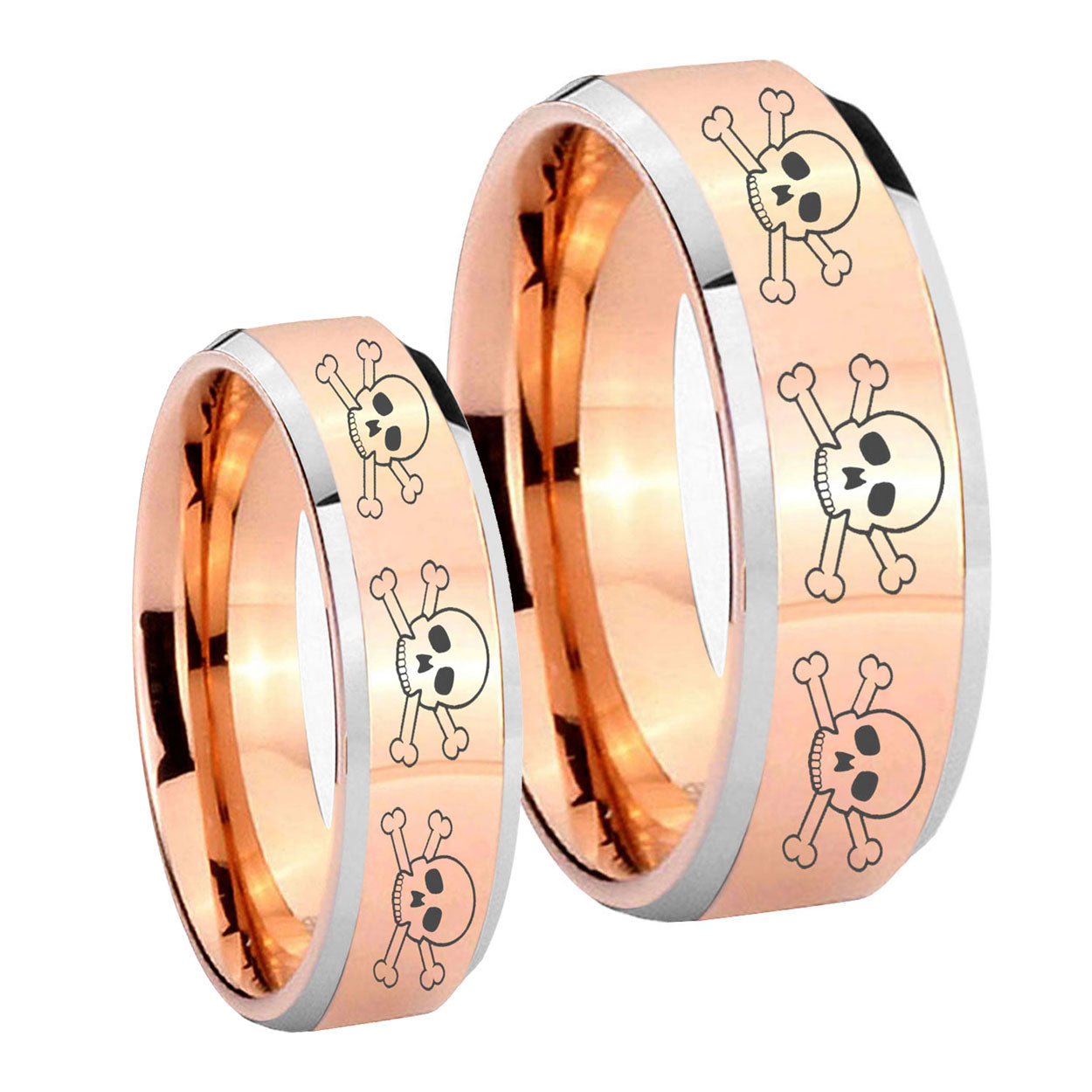 Multiple Skull Beveled Edges Rose Gold Tungsten Bridal Set Ring