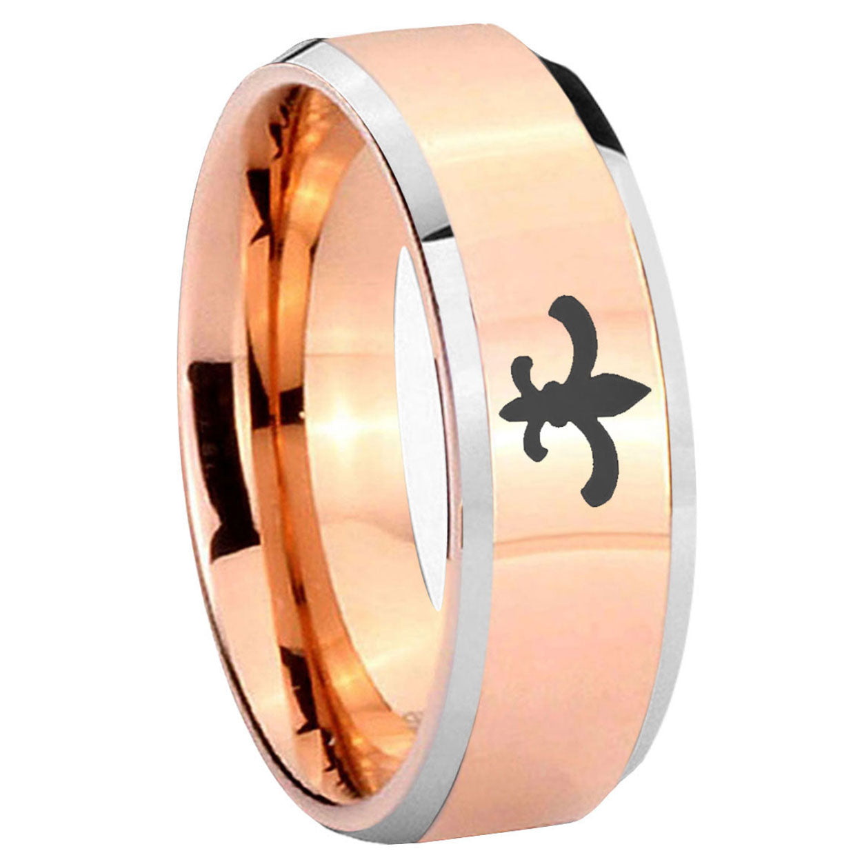 10mm Fleur Delis Beveled Edges Rose Gold Tungsten Carbide Mens Bands Ring
