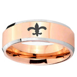 5, 8mm Fleur-De-Lis Beveled Edge Rose Gold Tungsten Ring