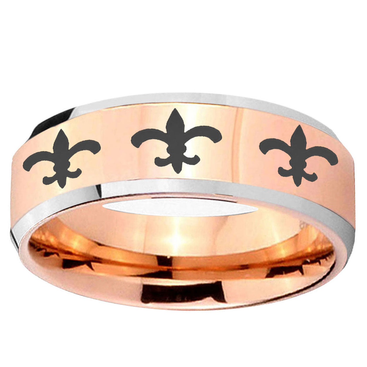 5MM Multiple Fleur-De-Lis Beveled Rose Gold Tungsten Custom Ring