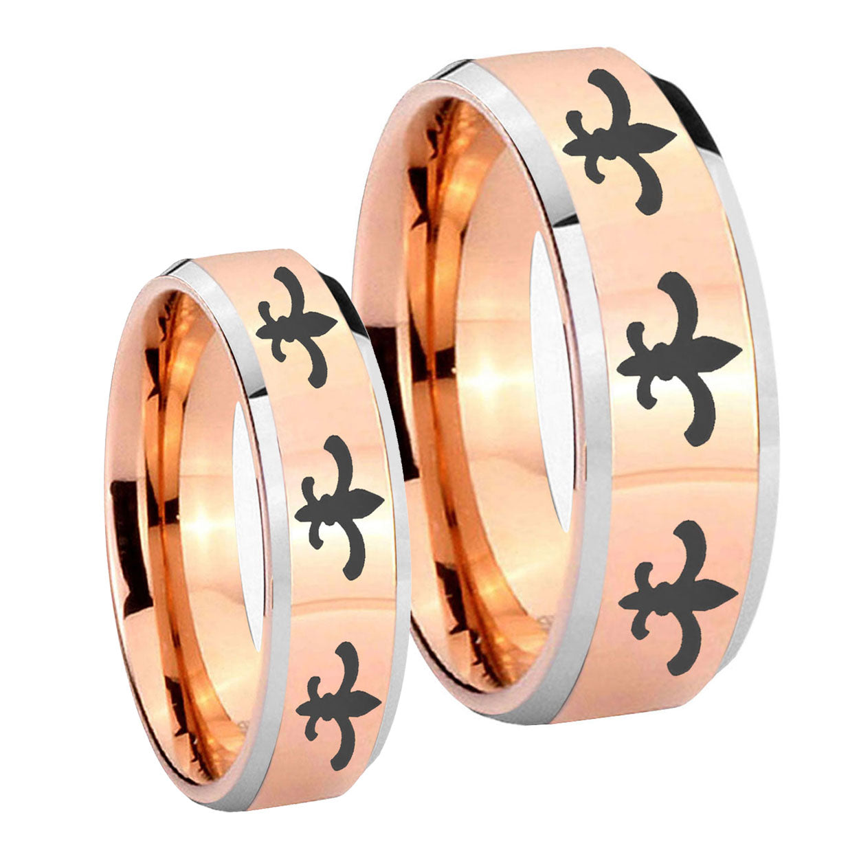 Multiple Fleur De Lis Beveled Rose Gold Tungsten His Hers Set Rings