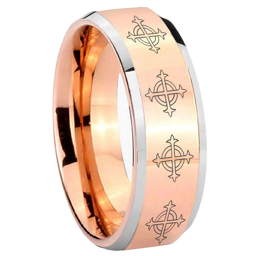 10mm Multiple Crosses Beveled Edges Rose Gold Tungsten Mens Engagement Band