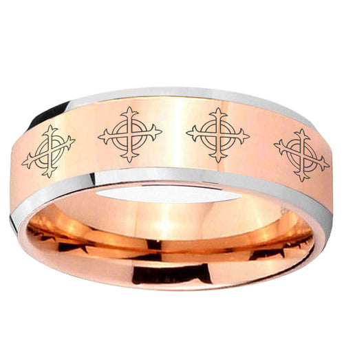 10mm Multiple Crosses Beveled Edge Rose Gold Tungsten Ring