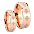 Multiple Crosses Beveled Edges Rose Gold Tungsten Couples Ring Set