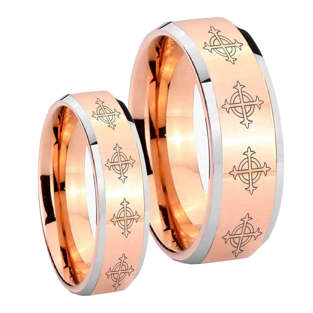 Multiple Crosses Beveled Edges Rose Gold Tungsten Couples Ring Set