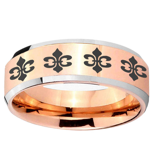 10mm Multiple Fleur-De-Lis Beveled Edge Rose Gold Tungsten Wedding Bands Ring
