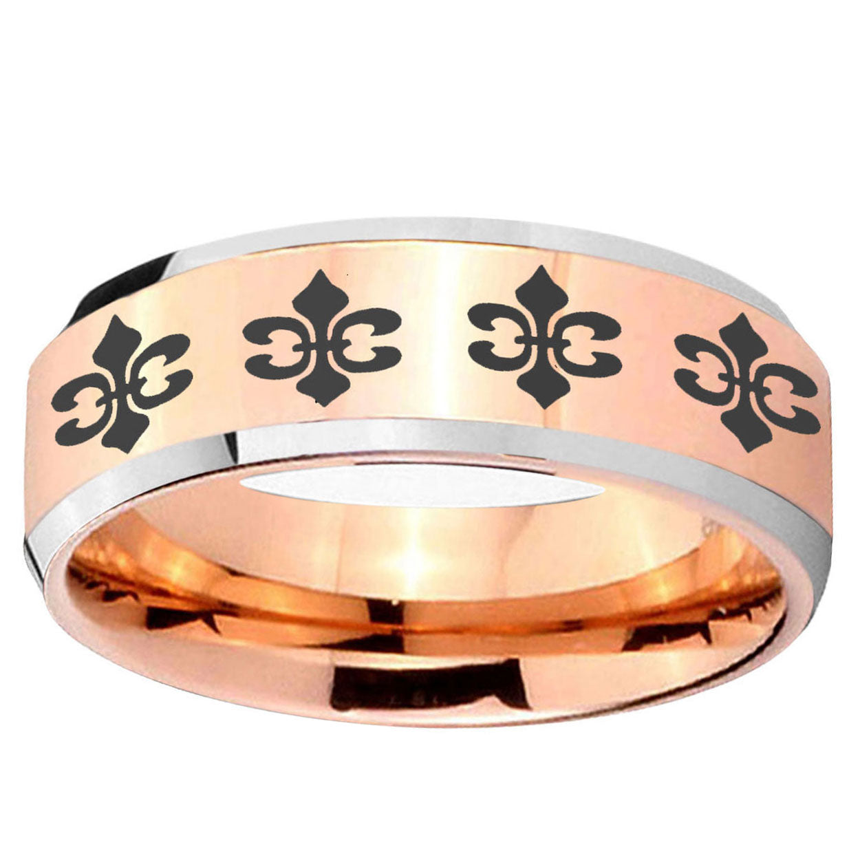5MM Multiple Fleur Delis Beveled Rose Gold Tungsten Band For Men