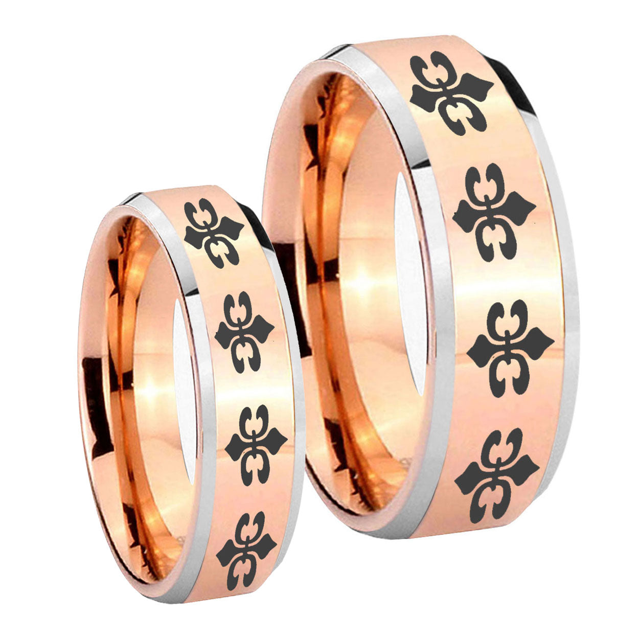 Multiple Fleur De Lis Beveled Edges Rose Gold Tungsten Couples Ring Set