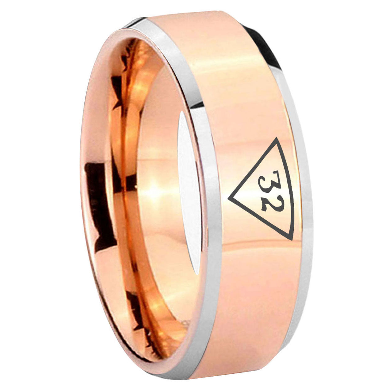 8MM Masonic 32 Triangle Freemason Beveled Rose Gold Tungsten Ring
