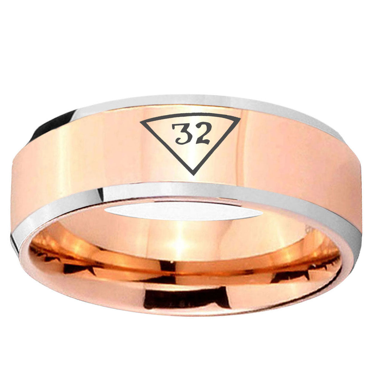10mm Masonic 32 Triangle Freemason Beveled Edge Rose Gold Tungsten Ring