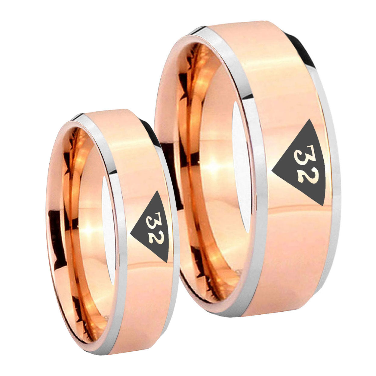 Masonic 32 Triangle Design Freemason Beveled Edges Rose Gold Tungsten Bridal Set Ring