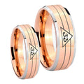 Masonic 32 Duo Line Freemason Beveled Edges Rose Gold Tungsten His Hers Set Rings