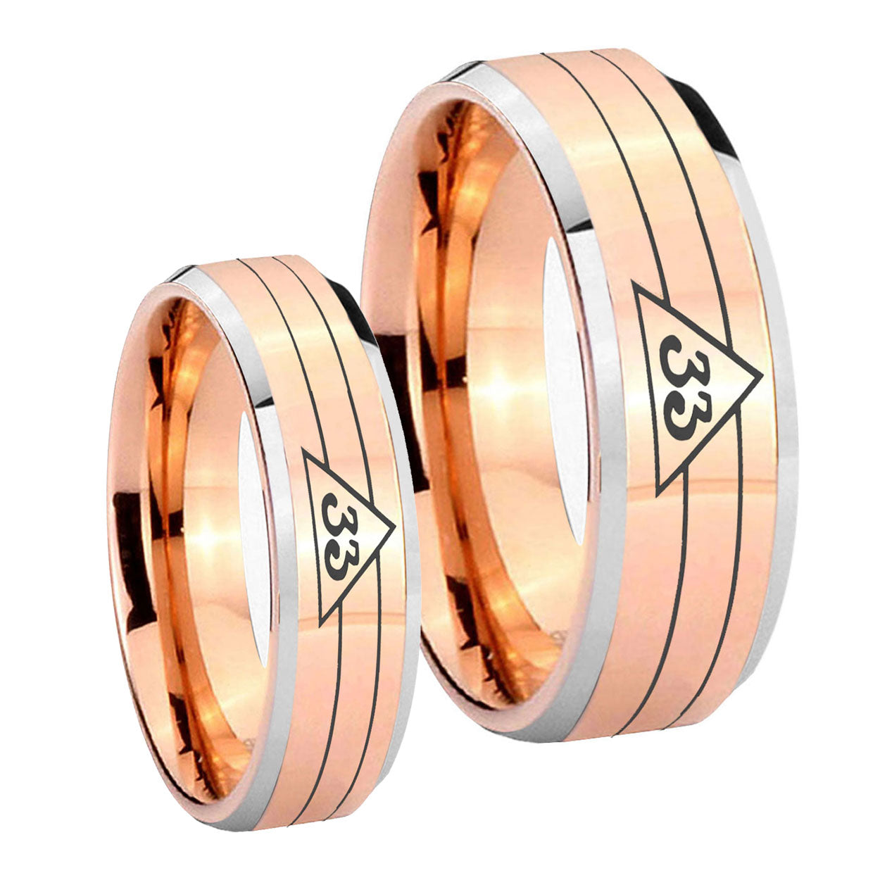 Masonic 32 Duo Line Freemason Beveled Edges Rose Gold Tungsten His Hers Set Rings