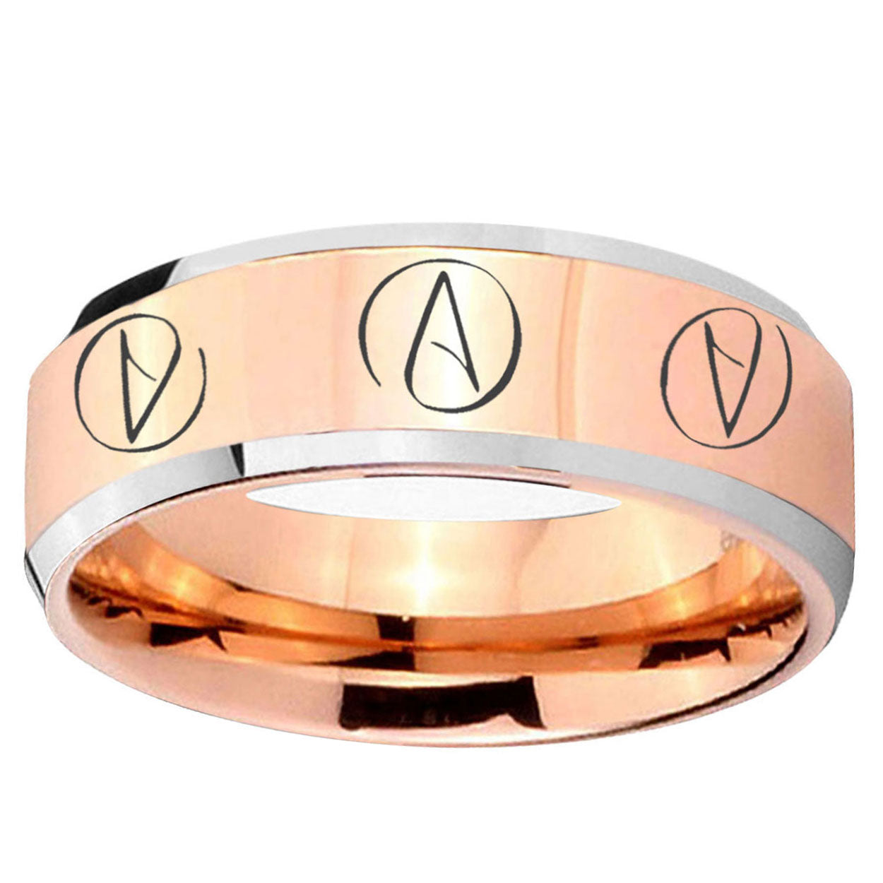 10mm Atheist Design Beveled Edge Rose Gold Tungsten Promise Ring