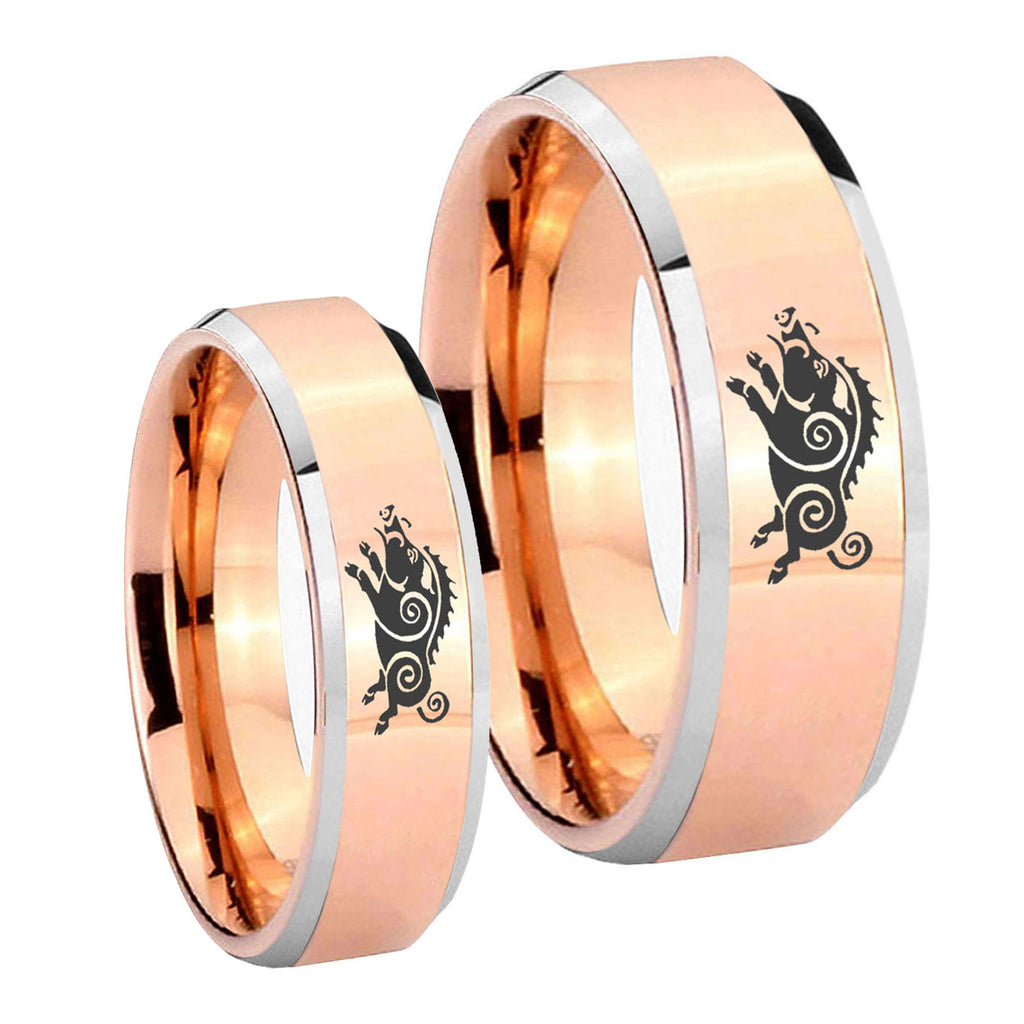 Wild Boar Beveled Edges Rose Gold Tungsten Bridal Set Rings