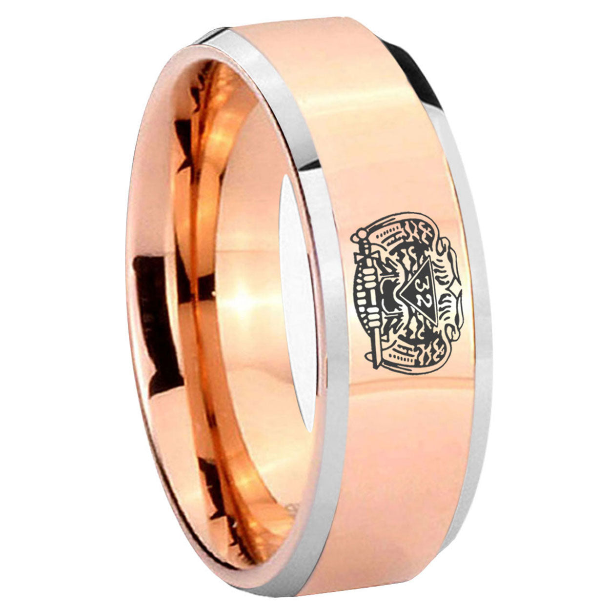 8MM Masonic 32 Degree Freemason Beveled Rose Gold Tungsten Ring