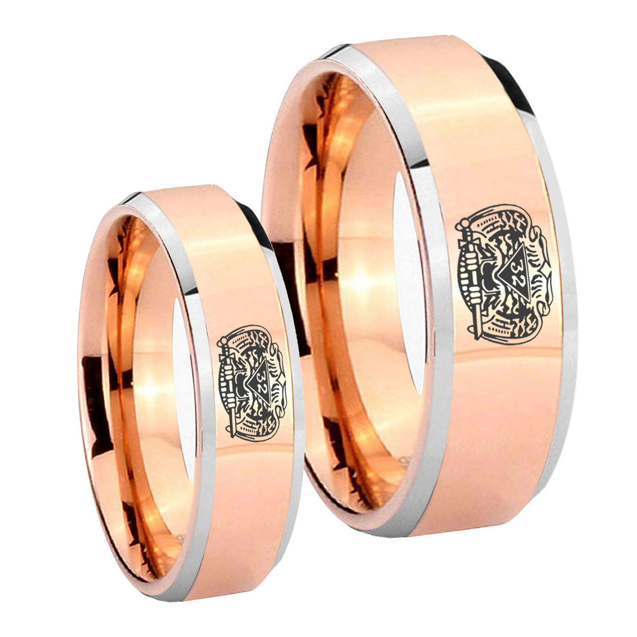 Masonic 32 Degree Freemason Beveled Edges Rose Gold Tungsten Wedding Ring Sets