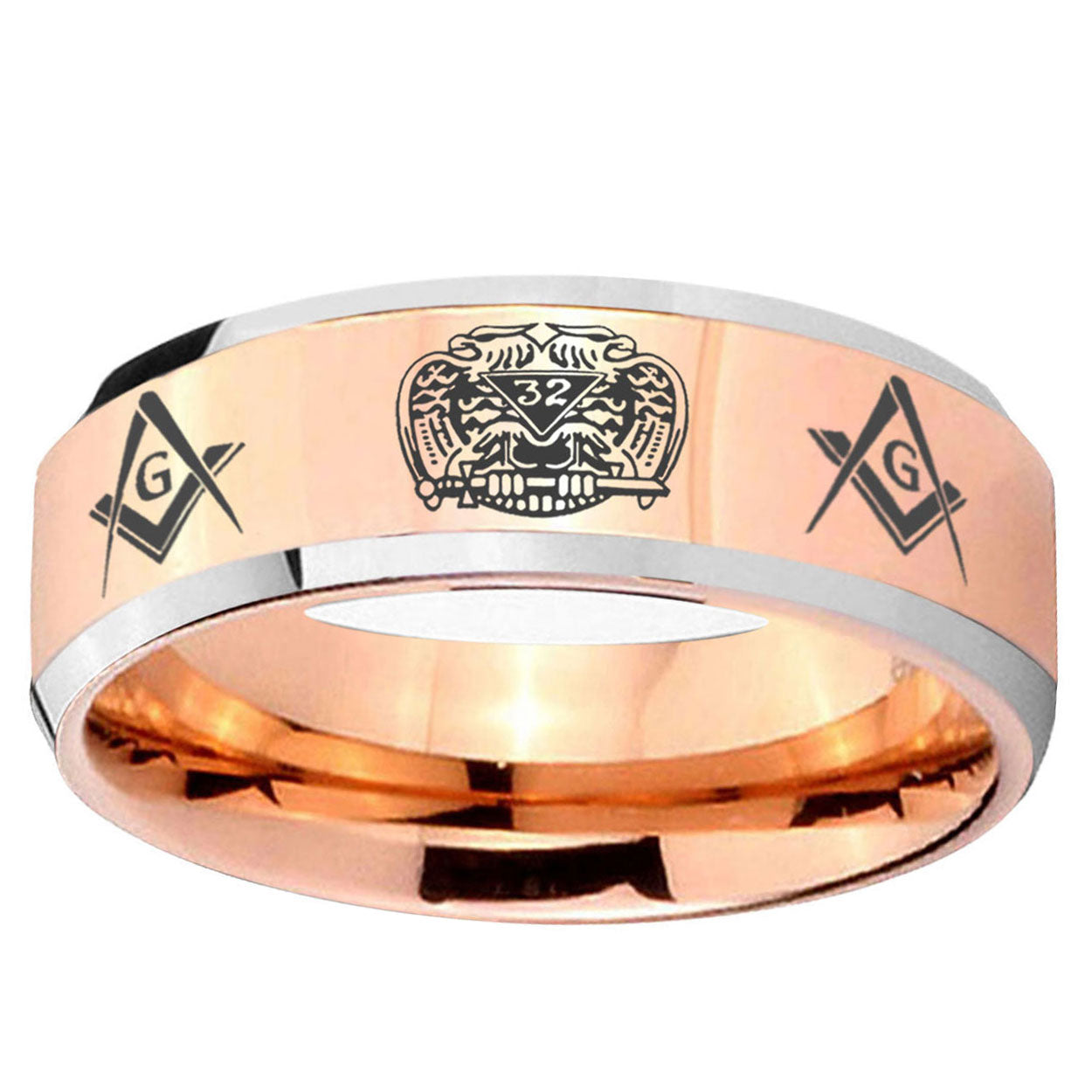 10mm Masonic 32 Design Beveled Edge Rose Gold Tungsten Ring