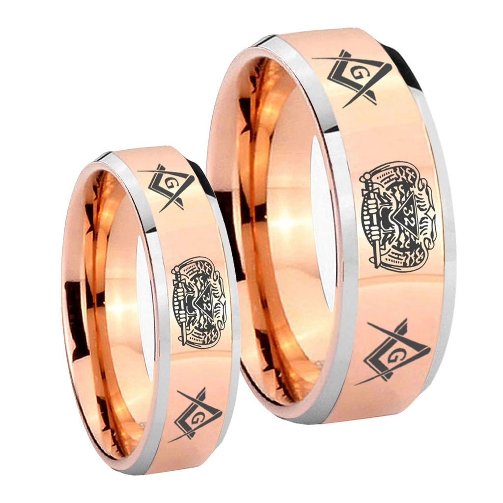 Masonic 32 Design Beveled Edges Rose Gold Tungsten Wedding Set Rings