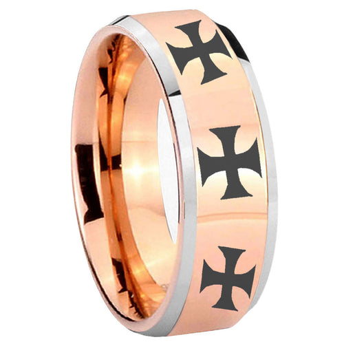 10mm Multiple Maltese Cross Beveled Rose Gold Tungsten Mens Engagement Ring
