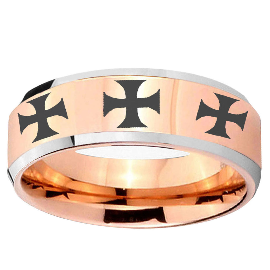 5MM Multiple Maltese Cross Beveled Rose Gold Tungsten Wedding Band