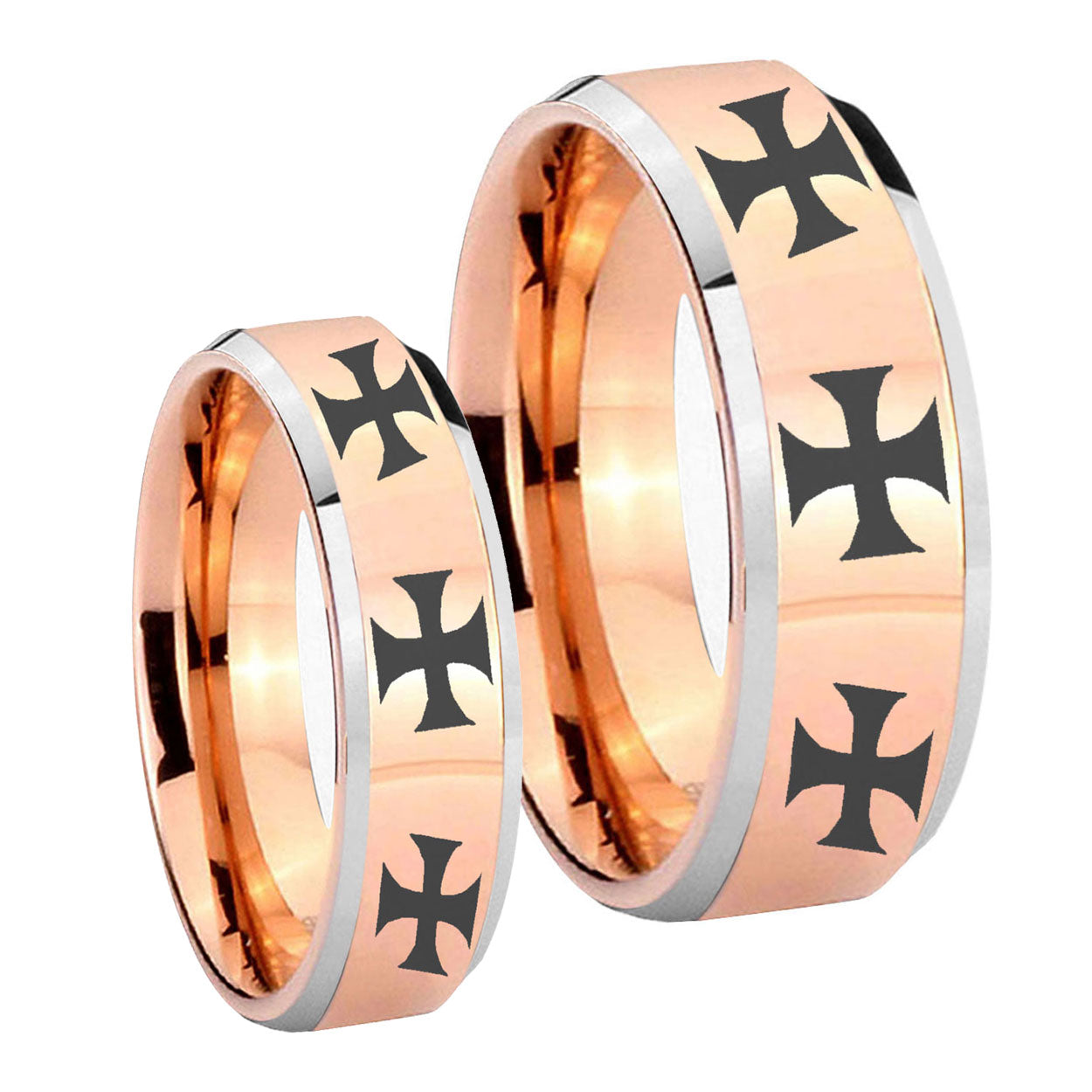 Multiple Maltese Cross Beveled Rose Gold Tungsten Bridal Band Set