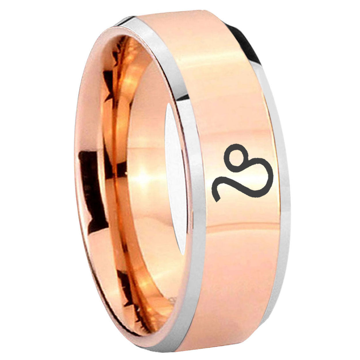 8MM Leo Zodiac Beveled Rose Gold Tungsten Mens Ring