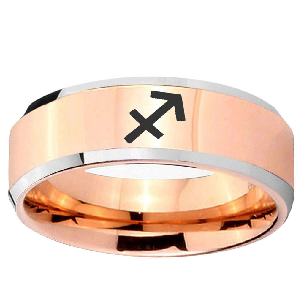 10mm Sagittarius Zodiac Beveled Edge Rose Gold Tungsten Ring
