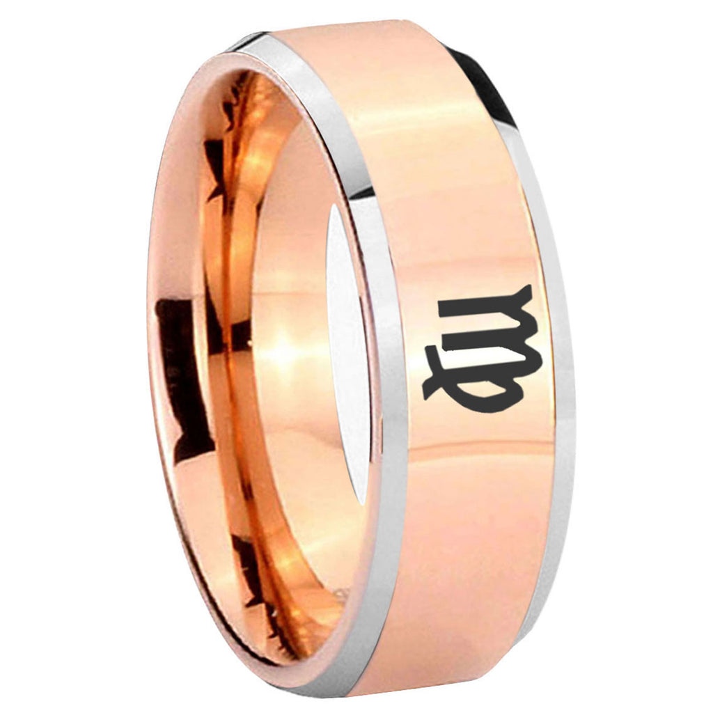 8MM Virgo Zodiac Beveled Rose Gold Tungsten Promise Ring Guys