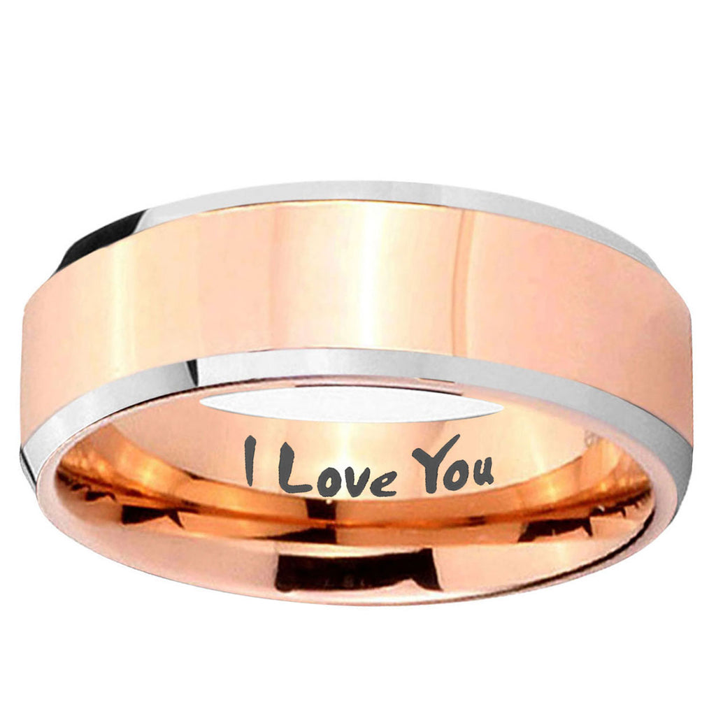 10mm I Love You Beveled Edge Rose Gold Tungsten Ring