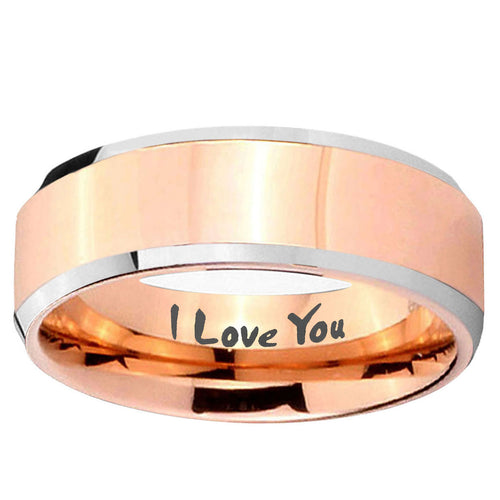 10mm I Love You Beveled Edge Rose Gold Tungsten Ring