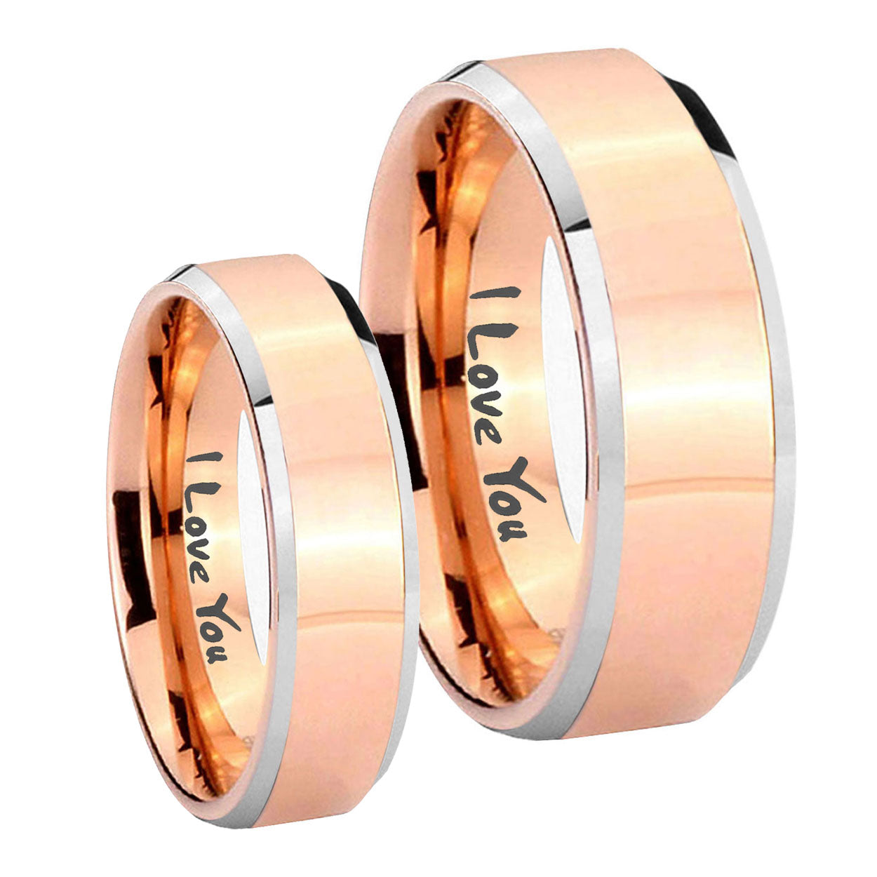 I Love You Beveled Edges Rose Gold Tungsten Mens Ring Set