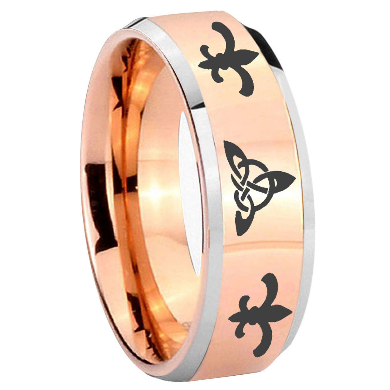 10mm Celtic Triangle Fleur Delis Beveled Rose Gold Tungsten Mens Promise Ring