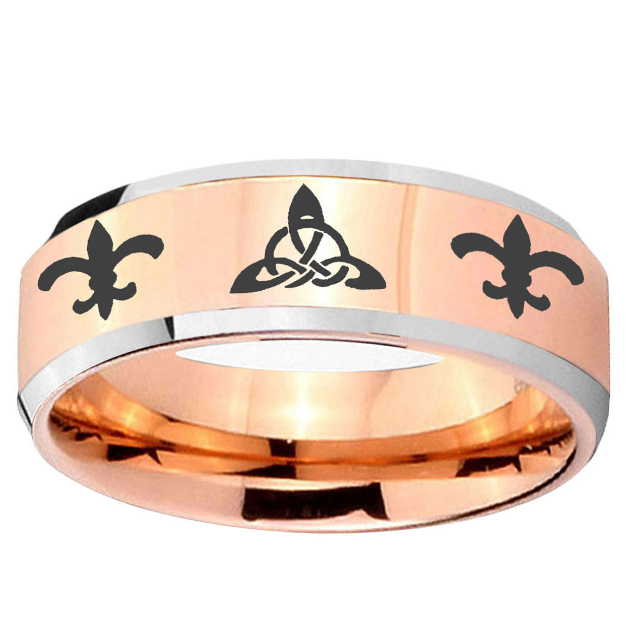 10mm Celtic Triangle Fleur-De-Lis Beveled Rose Gold Tungsten Mens Promise Ring
