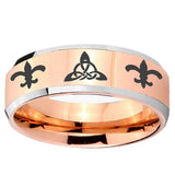 5, 8mm Celtic Triangle Fleur-De-Lis Beveled Rose GoldTungsten Ring