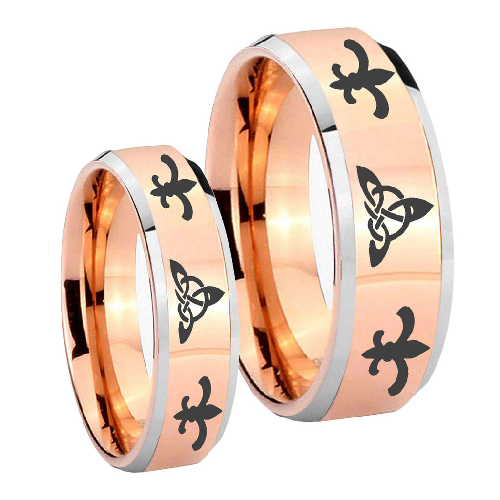 Celtic Triangle Fleur De Lis Beveled Rose Gold Tungsten Bridal Set Rings