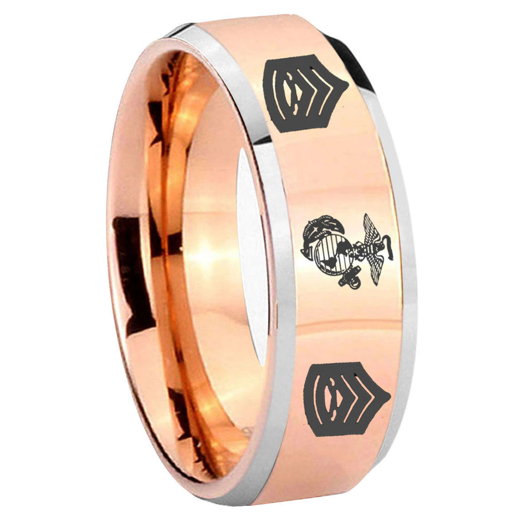 10mm Marine Army Sergeant Beveled Edges Rose Gold Tungsten Wedding Engagement Ring