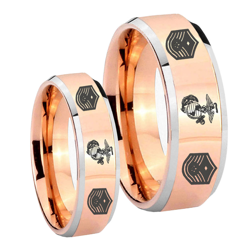 Marine Chief Master Sergeant Beveled Rose Gold Tungsten Couples Ring Set