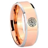 10mm Fire Department Beveled Edges Rose Gold Tungsten Carbide Mens Ring